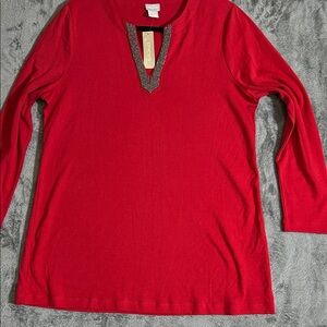 Chico's Holiday Vibrant Red Tunic size 2 with Beaded Neckline NWT